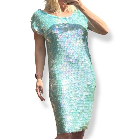 Vintage Norma Kamali dress sequined sequin teal Turquoise mermaid sz L paillete - Picture 3 of 17